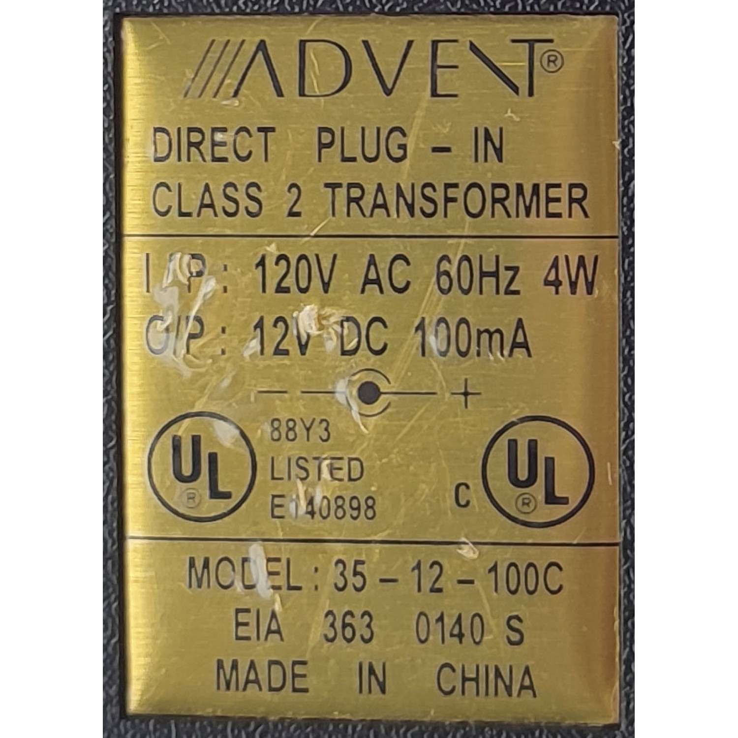 ADAPTADOR AC ADVENT / NUMERO DE PARTE 35-12-100C / INPUT: 120V AC 60 HZ 4W / OUTPUT: 12V DC 100mA	 - Imagen 2